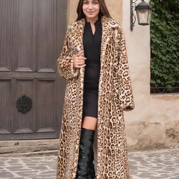 Luxury Women Leopard Faux Fur Overcoat Warm Jacket with Pockets - Picture 2 of 7
